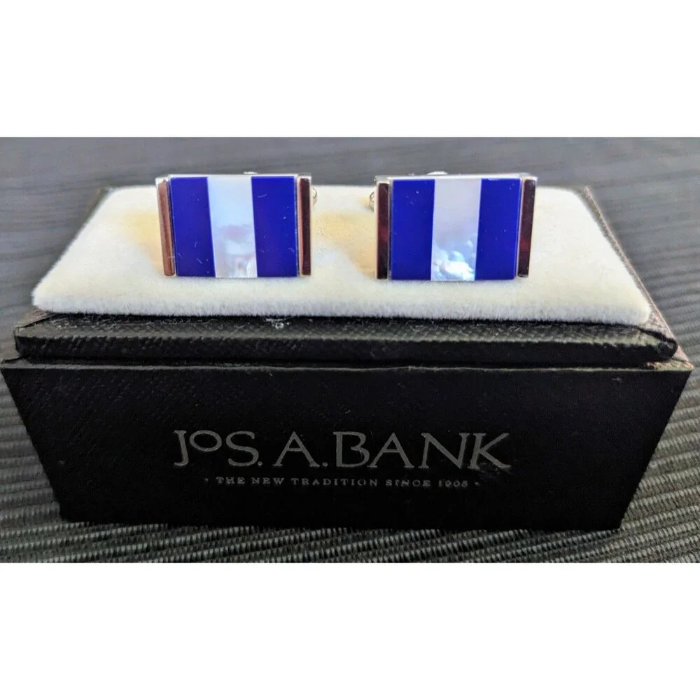 Jos A Bank Cufflink Set Faux Mother-Of-Pearl Blue & Silver Design French Cuffs